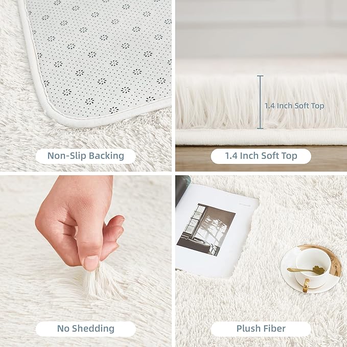 Litanika 5x8 Shag Area Rug for Living Room Bedroom, White High Pile Ultra Soft Plush Shaggy Furry Bedside Playroom Dorm Carpet, Non-Slip, Non-Shedding Modern Indoor Floor Rug