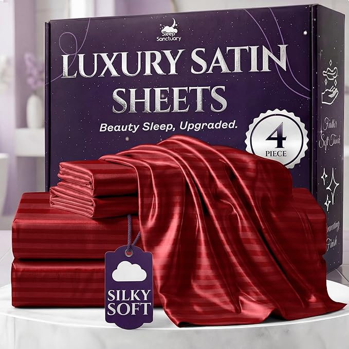 SLEEP SANCTUARY Satin Sheets Queen Size – 4 Piece Luxury Silky Bed Set, Softer Than Silk, 15" Deep Pocket, Cooling & Wrinkle-Free, Moisture-Wicking & Breathable for Hair & Skin (Striped Red)