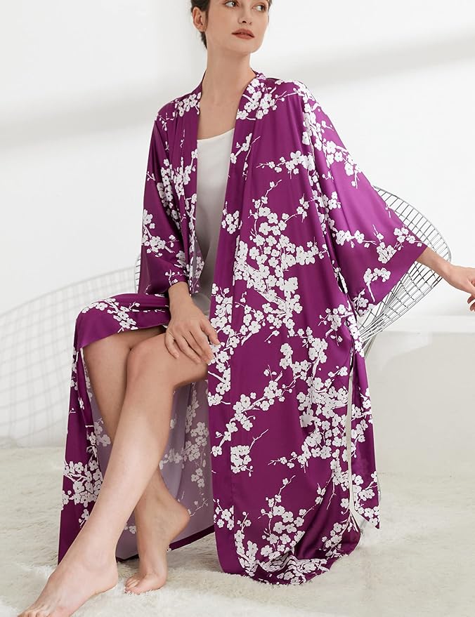 Aensso Long Soft Lightweight Silky Kimonos Robes for Women, Luxury Japanese Floral Womens Kimono Robe
