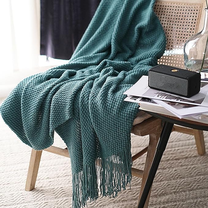 LOMAO Knitted Throw Blanket with Tassels Bubble Textured Lightweight Throws for Couch Cover Home Decor (Teal, 60x90)