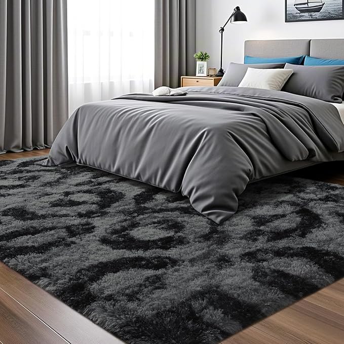 ISEAU 5x7 Rug for Bedroom, Charcoal Gray Geometric Pattern Fluffy Rug for Living Room, Kitchen, Soft Shag Carpets, Plush and Machine Washable Mats, Nursery Floors Mat, Boys Room Carpet Decor