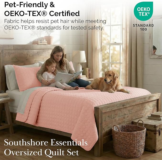 Southshore Fine Living, Inc. Lightweight Quilt, Oversized Quilts for King Bed, Soft Coverlet, 3-Piece Bedspread Set with Two Matching Quilted Pillow Shams, California/King Quilts, Pastel Pink