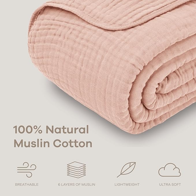 Comfy Cubs Muslin Blanket for Adults King 108" x 90" - 6 Layer Soft, Breathable & Lightweight Muslin Adult Blanket - Machine Washable & Designed in The US Bedding for All Seasons - Blush