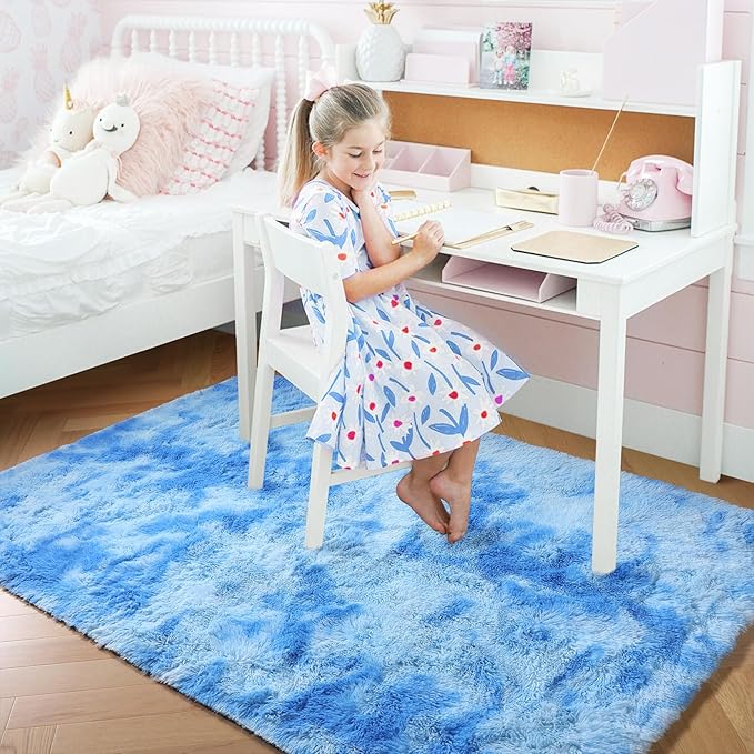 Amdrebio Tie-Dyed Light Blue Area Rugs for Girls Boys Bedroom, Soft Cute Fluffy Stitch Rug 4x6 for Baby Kids Room Decor, Plush Shaggy Fuzzy Furry Carpet for Nursery Playroom Classroom Dorm Office