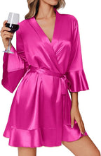 Ekouaer Women's Satin Robe Short Ruffle Hem Silky Robes Lightweight Kimono Brides Bathrobes Sleepwear XS-XXL