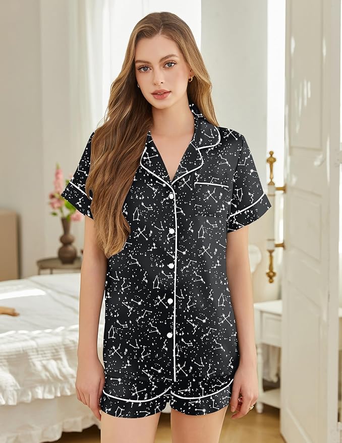 Silk Pajamas for Women Short Sleeve Sleepwear Soft Button Down Loungewear 2 Piece Satin Pjs Shorts Set S-XXL