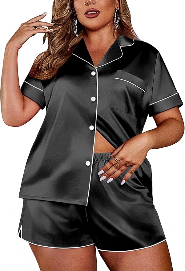 Ekouaer Womens Silk Satin Pajamas Set Short Sleeve Sleepwear Button Down Loungewear 2 Piece Pjs Shorts Set S-5X Plus Size