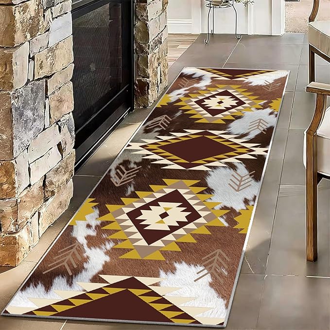 Western Rugs for Living Room,2x6ft,Moroccan Geometric Runner Rug,Cow Print Decor Faux Cowhide Rug,Machine Washable Western Decor Hallway Runner Rugs,Floor Mat for Kitchen, Bedroom Entrance,