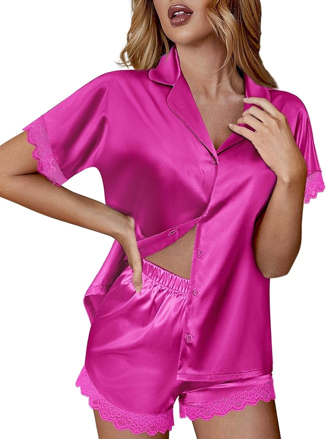 Ekouaer Womens Lace Satin Pajama Set Button Down Pj Shorts Set Bridesmaids Getting Ready Outfits Casual Sleepwear XS-XXL