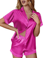Ekouaer Womens Lace Satin Pajama Set Button Down Pj Shorts Set Bridesmaids Getting Ready Outfits Casual Sleepwear XS-XXL
