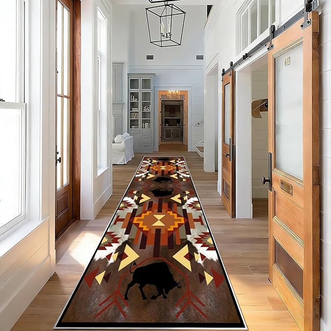 Country Cabin Cowhide Rug,4x10ft,Cow Rugs for Living Room, Rustic Farmhouse Western Kitchen Rugs,Southwestern Native American Aztec Rugs,for Bedside, Bedroom Entrance Hallway