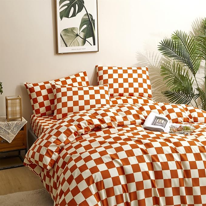 CLOTHKNOW Orange Plaid Comforter Set King Size Grid Bedding Comforter Sets Soft Lightweight Caramel Comforter King Checker Comforter