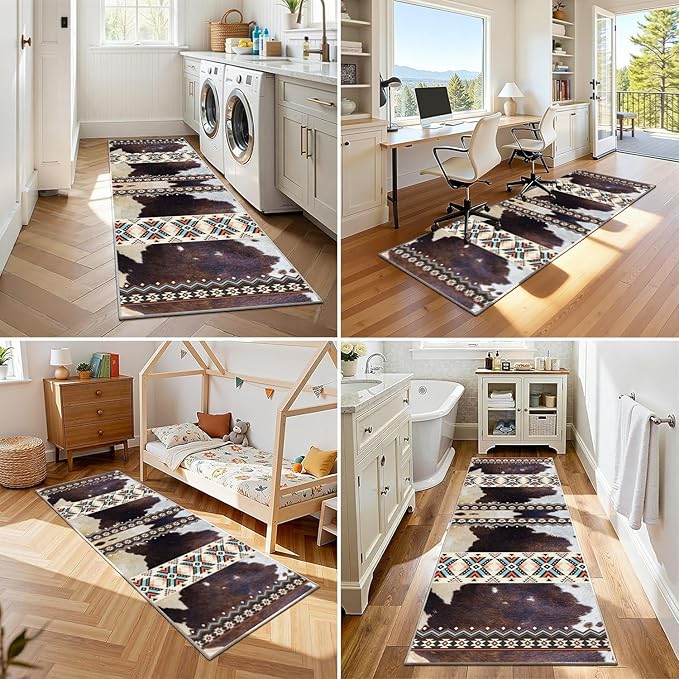 Western Rugs for Kitchen,3x8ft,Long Hallway Cow Print Rug,Western Country Farm Decor Entryway Runner Rugs,Non-Slip Washable Southwest Aztec Rugs,for Bedside Bedroom Entrance Carpet