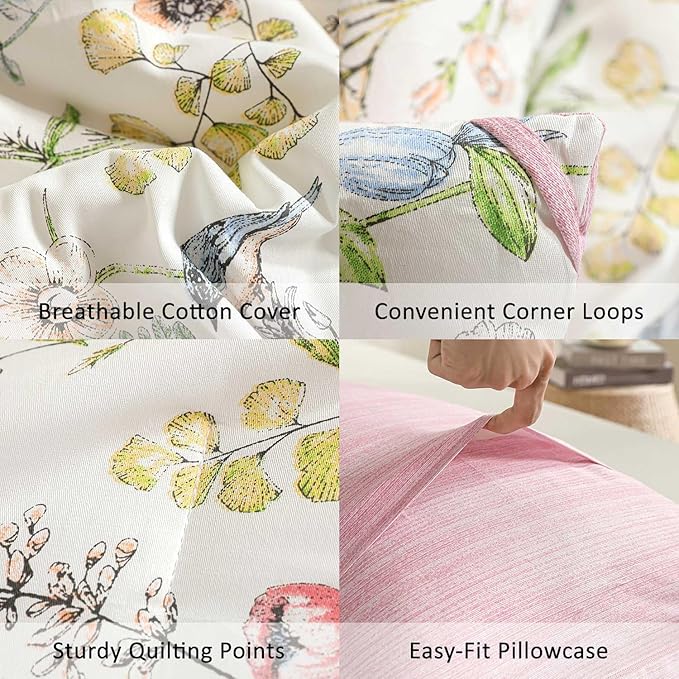 ALEISSEL White Floral Cotton Comforter Queen Size - 3PC Lightweight Bedding Sets with Soft Fill, Vibrant Garden Botanical Patterns, Petal Pink Reversible Design with Feminine Elegance