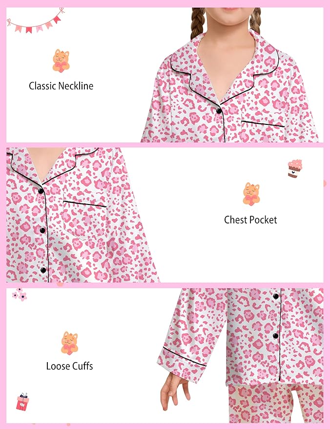 EPLAZA Kids Satin Pajamas Sets Girls Boys Button-Down Silky Pajamas Sleepwear with Hairband Eye Mask Hair Tie