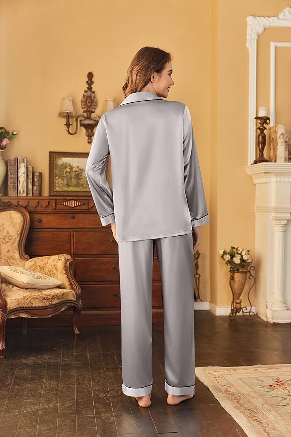 Ekouaer Women's Classic Button Down Long Satin Silk Pajama Set