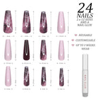 Hypnaughty 24 Pcs Bordeaux Marble Extra Long Coffin Press On Nails and Glue with Light Pink and Solid Bordeaux Reusable XL False Nails (Bordeaux Marble)