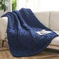 WESHIONGOO Chunky Knit Blanket Throw 51"×63" Knitted Throw Blankets for Couch Bed Fluffy Soft Blanket with Jumbo Chenille Yarn Thick 100% Handmade (Navy Blue)