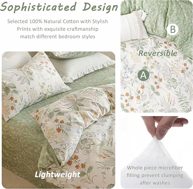 ALEISSEL Natural Cotton 2pcs Botanical Comforter Sets Twin Size-Green Comforter with Red & Blue Flowers,Gray Leaves on Off-White, Reversible Lightweight Bedding Sets(Twin 68"×90")