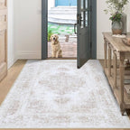 XLUEZ Bedroom Rug 3x5 Vintage Rugs, Machine Washable Small Area Rug Retro Medallion Distressed Rugs Non-Slip Soft Low Pile Throw Rug for Entryway Bedroom Bathroom Hallway Kitchen(Beige,3'x5')