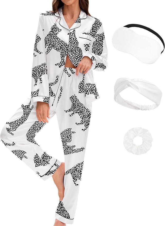 EPLAZA Silk Pajamas for Women Satin Pajamas Set 5 Pcs Long Sleeve Print Pattern Button Down Pjs Sleepwear Loungewear Set