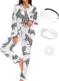 EPLAZA Silk Pajamas for Women Satin Pajamas Set 5 Pcs Long Sleeve Print Pattern Button Down Pjs Sleepwear Loungewear Set
