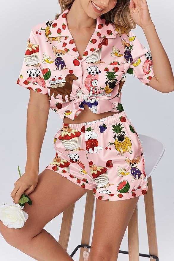 Ekouaer Womens Silk Satin Pajamas Set Animals Print Pjs Button Down Short Sleeve Lounge Set 2 Piece Sleepwear