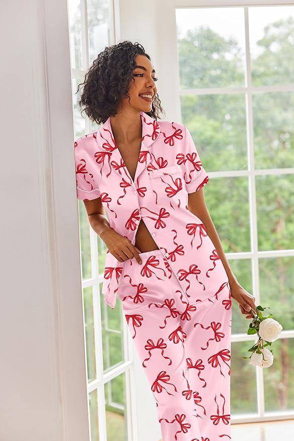 Ekouaer Silk Satin Pajamas Set Women Short Sleeve Sleepwear Soft Button Down Loungewear Pjs Set