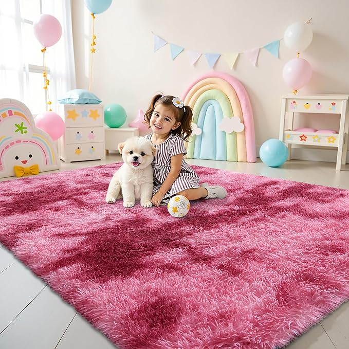 OLANLY Area Rugs for Living Room Bedroom, Machine Washable 4x5.9 Feet Soft Fluffy Shaggy Bedside Rug, Indoor Floor Carpet for Kids Girls and Boys, Nursery Room, Home Decor Aesthetic, Pink Tie-dye