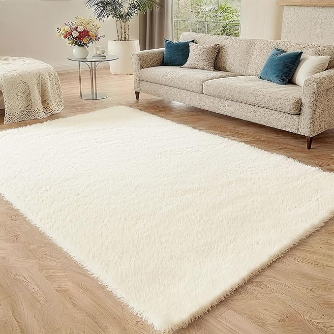 Shag 4x6 Area Rug, Cream Rugs for Bedroom Living Room, Non-Slip Ultra Soft Shaggy Fluffy Area Carpet for Kids Room, Dorm, Girls Room, Study, Office, Playroom, Easy to Clean, Modern Home Décor