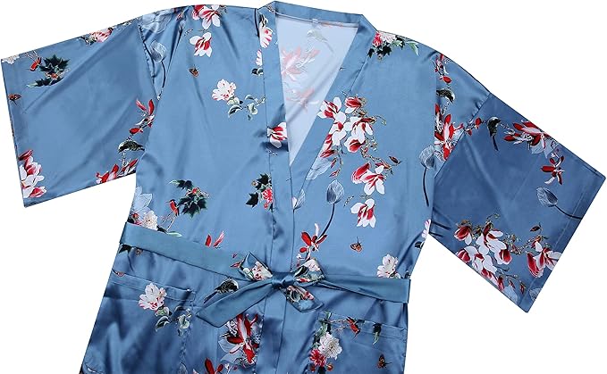Valennia Women Long Silky Bathrobe Satin Kimono Robe Floral Printed Dressing Gown Sleepwear