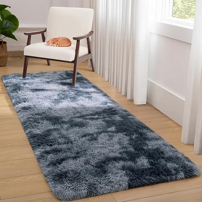 Softlife Area Rug for Bedroom, Fluffy Shag Plush Tie Dyed Rainbow Blue for Living Room Girls, Shaggy Throw Carpet for Kids Soft Fuzzy Runner Small 2x6 Runners for Hallways Dorm