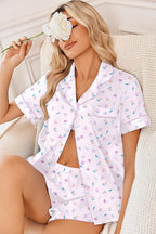 Ekouaer Womens Silk Satin Pajama Sets 2 Piece Button Down Silk Pjs Shorts Sets Cute Print Short Sleeve Sleepwear S-4XL