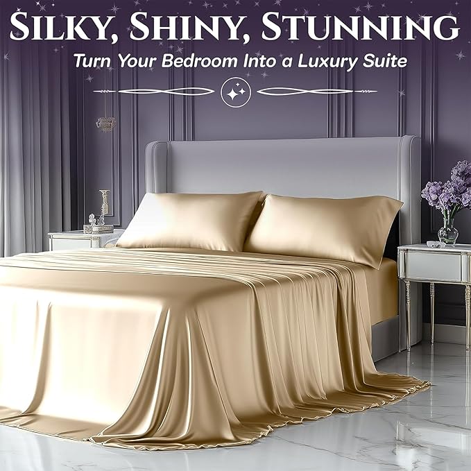 SLEEP SANCTUARY Satin Sheets Queen Size – 4 Piece Luxury Silky Bed Set, Softer Than Silk, 15" Deep Pocket, Cooling & Wrinkle-Free, Moisture-Wicking & Breathable for Hair & Skin (Ivory)