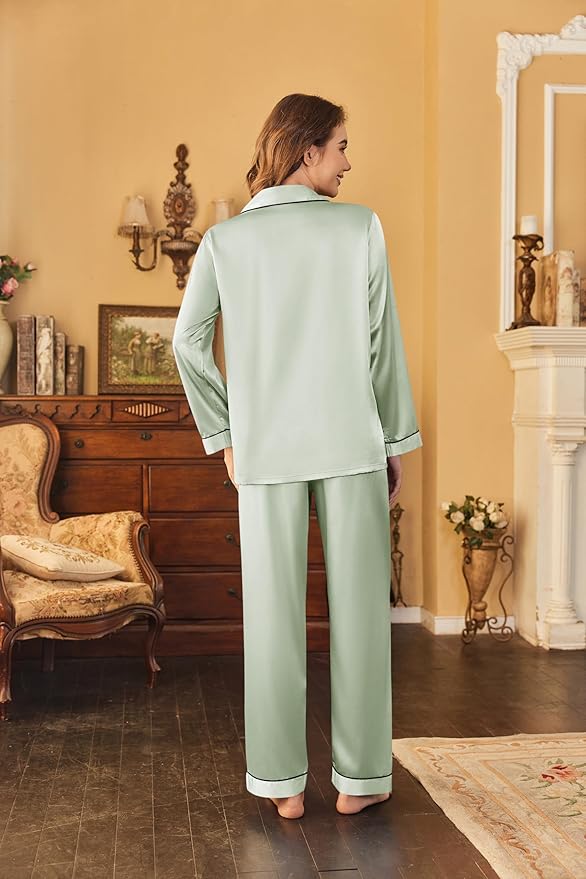 Ekouaer Women's Classic Button Down Long Satin Silk Pajama Set