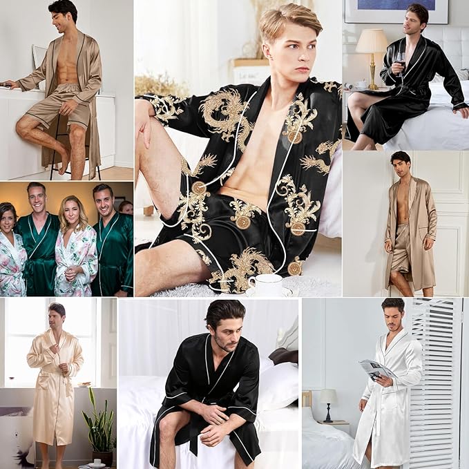 SWOMOG Men's Satin Robe Silky Kimono Bathrobe with Shorts Set Lightweight Soft Loungewear Nightwear