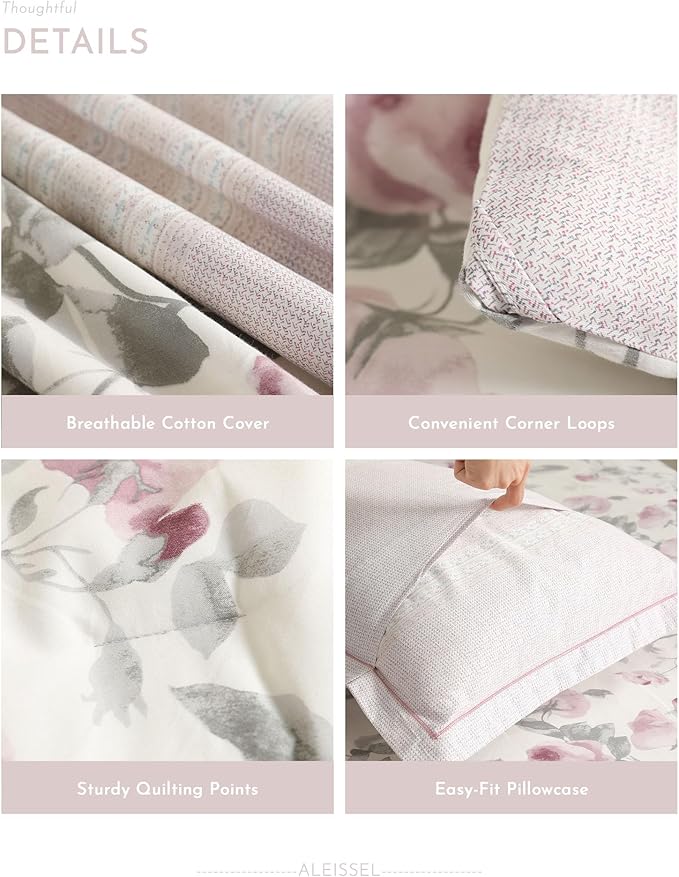 ALEISSEL Vintage Cotton 3pcs Floral Comforter Sets Queen Size - Dusty Rose & Soft Gray Foliage on White, Blush French Striped Patchwork Reverse, Neutural Lightweight Bedding Sets(Queen 90"×90")