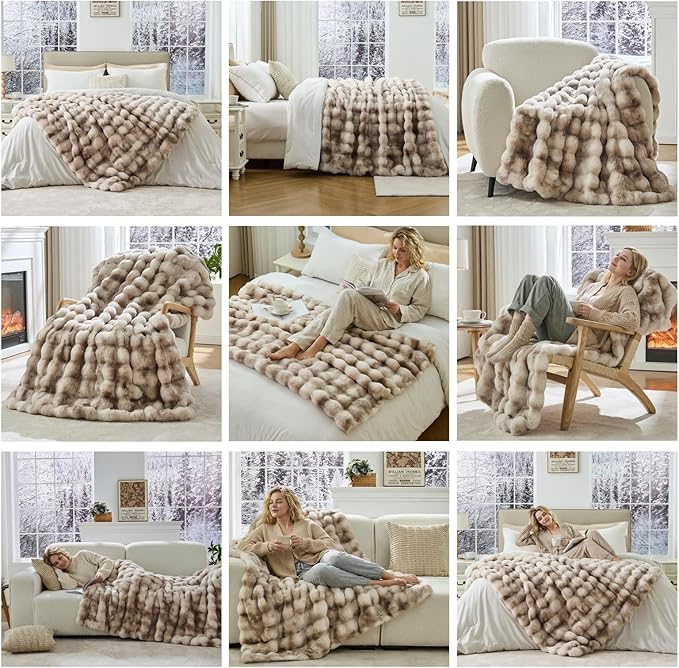 Faux Fur Throw Blanket 50x60 Inches, 800GSM Soft Plush Thick Bubble Blanket for Couch and Bed, Fuzzy Soft Tie-Dye Brown Faux Rabbit Fur Blanket for Sofa Living Room Bedroom