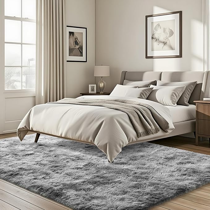 ISEAU Super Soft Rugs for Bedroom Shaggy Area Rug, 3x5 Feet Tie-Dye Shaggy Carpet Mats for Dorm, College, Apartment, Living Room, Non-Slip Abstract Fuzzy Rugs for Girls Boys Kids Room, Light Grey