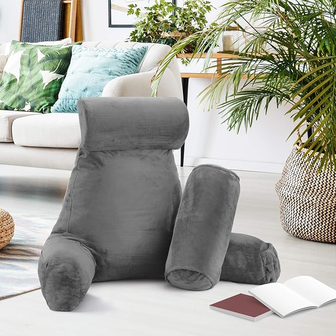 Clara Clark Reading Pillow with Shredded Memory Foam Includes 2 Neck and Lumber Support Pillows, Designed for Sitting Up in Bed and Couch, Back and Arms Adjustable Support for Adults & Teens, Grey