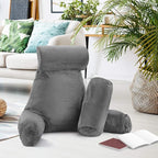 Clara Clark Reading Pillow with Shredded Memory Foam Includes 2 Neck and Lumber Support Pillows, Designed for Sitting Up in Bed and Couch, Back and Arms Adjustable Support for Adults & Teens, Grey
