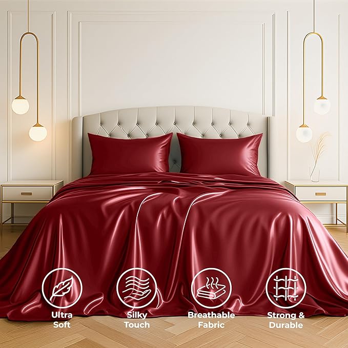 Satin Sheets Queen [4-Piece, Burgundy] Hotel Luxury Silky Bed Sheets - Extra Soft 1800 Microfiber Sheet Set, Wrinkle, Fade, Stain Resistant - Deep Pocket Fitted Sheet, Flat Sheet, Pillow Cases
