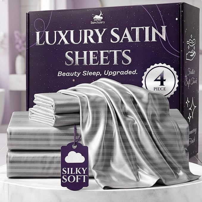 SLEEP SANCTUARY Satin Sheets King Size – 4 Piece Luxury Silky Bed Set, Softer Than Silk, 15" Deep Pocket, Cooling & Wrinkle-Free, Moisture-Wicking & Breathable for Hair & Skin (Striped Grey)