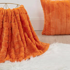 Striped Throw Blanket and Pillow Covers Set (No Inserts) for Couch and Bed, Plush Warm Lightweight Fuzzy Faux Fur Blanket for All Seasons (50" x 60", Burnt Orange)