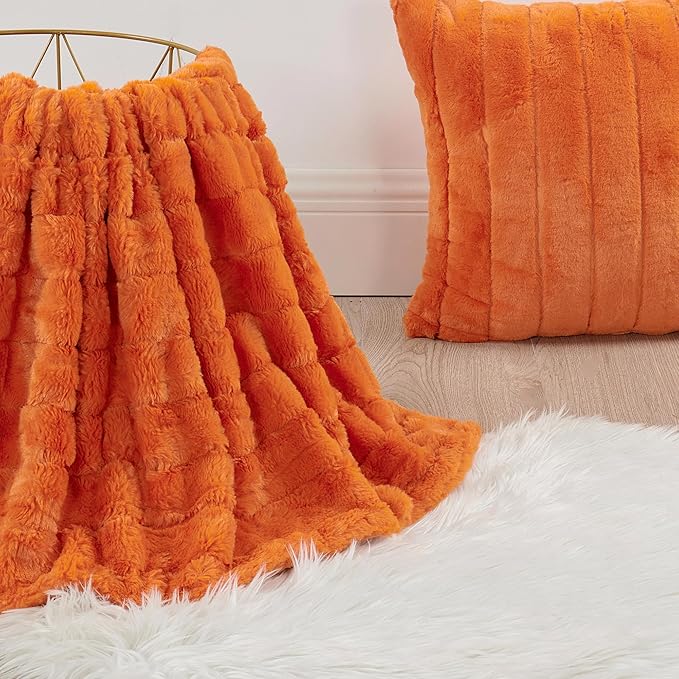 Striped Throw Blanket and Pillow Covers Set (No Inserts) for Couch and Bed, Plush Warm Lightweight Fuzzy Faux Fur Blanket for All Seasons (50" x 60", Burnt Orange)