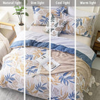 ALEISSEL Blue Botanical Cotton Comforter King Size - 3PC Lightweight Bedding Sets with Ultra-Soft Alternative Fill, Reversible Design with Leaf Pattern, Dark Blue & White (1 Comforter, 2 Pillowshams)