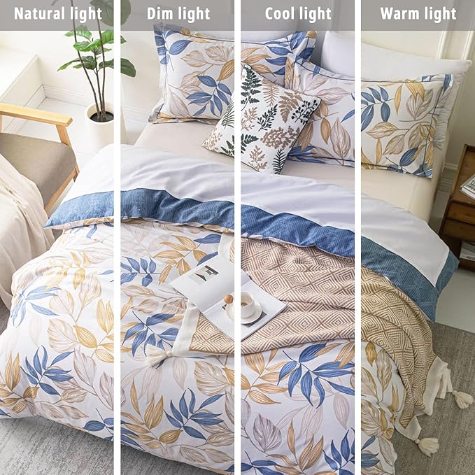 ALEISSEL Blue Botanical Cotton Comforter King Size - 3PC Lightweight Bedding Sets with Ultra-Soft Alternative Fill, Reversible Design with Leaf Pattern, Dark Blue & White (1 Comforter, 2 Pillowshams)