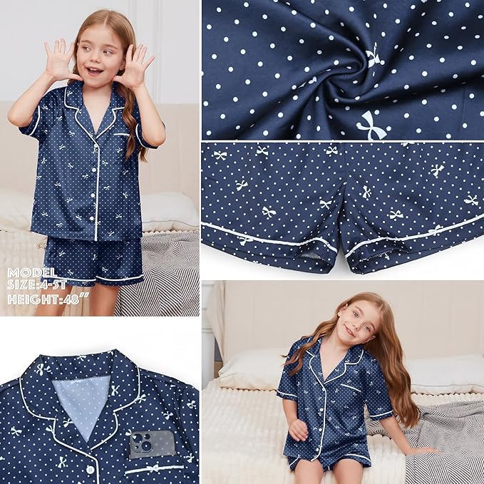 QPANCY Kids Satin Pajamas Sets Baby Boy Girl Button-Down Silk Sleepwear 2 Piece Short Sleeve Loungewear Clothes Set
