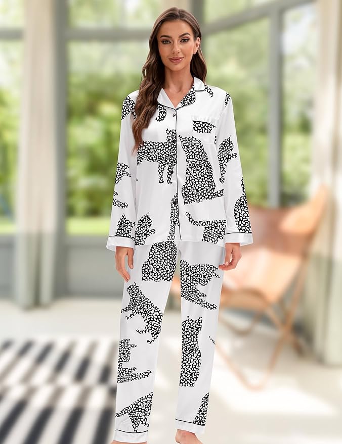 EPLAZA Silk Pajamas for Women Satin Pajamas Set 5 Pcs Long Sleeve Print Pattern Button Down Pjs Sleepwear Loungewear Set