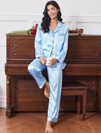 Ekouaer Women's Classic Button Down Long Satin Silk Pajama Set